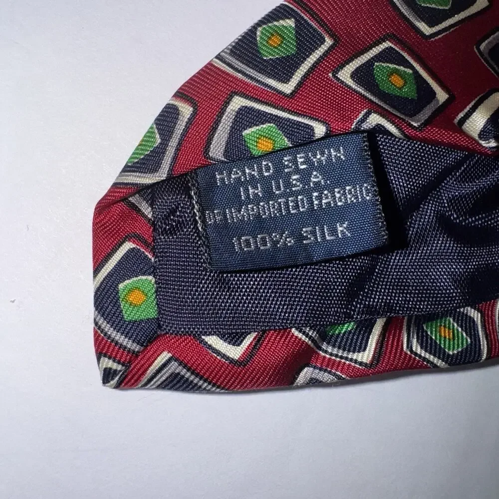 Lands’ End 100% Silk Tie Red Geometric Print Hand Sewn USA Vintage Mens Necktie
